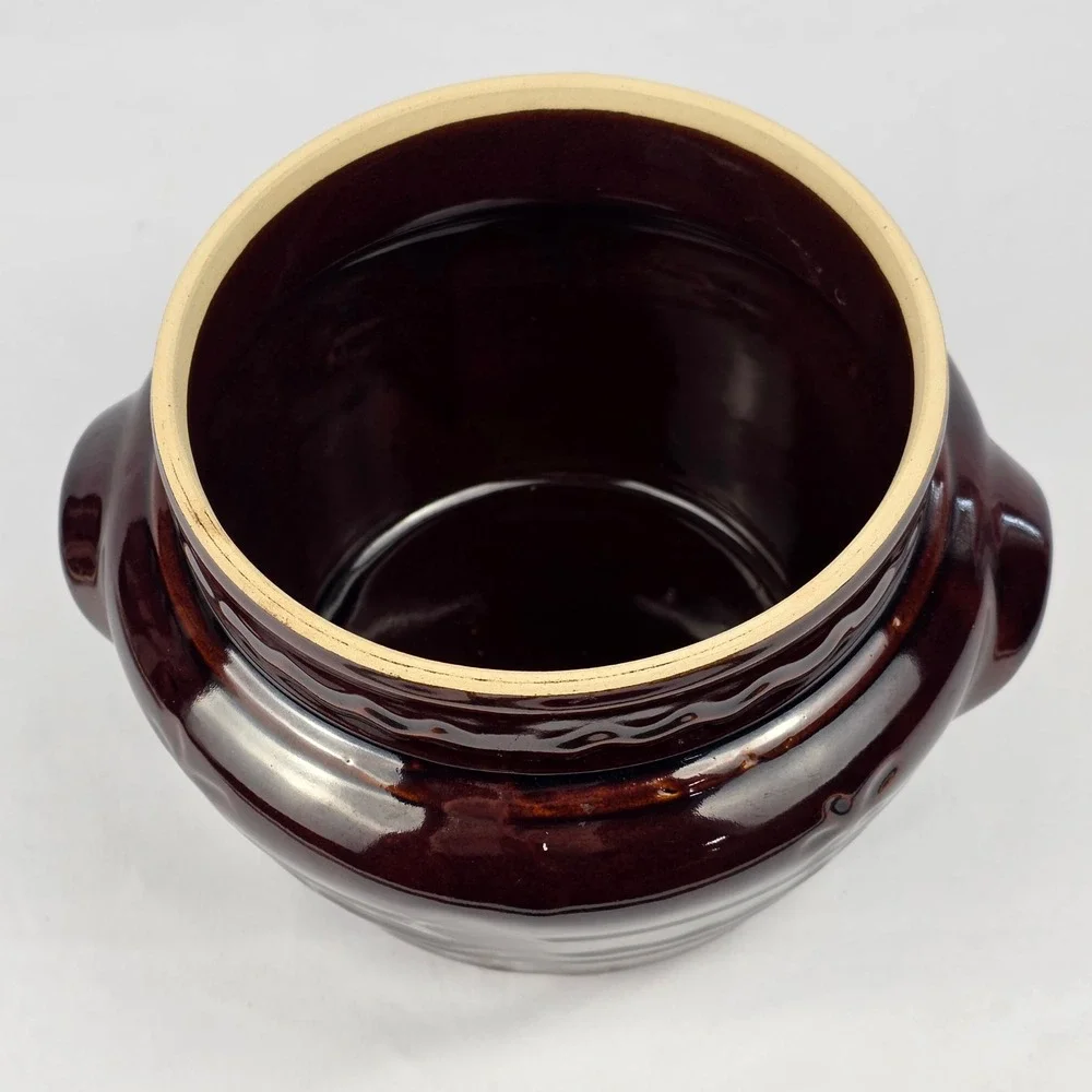 MAR CREST Vtg Crock Pot Oven‎ Proof Stoneware with Lid Brown 2 Handles Bean Pot